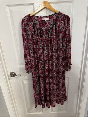 Eileen West Pink & Black Floral Button-Front Midi Nightgown